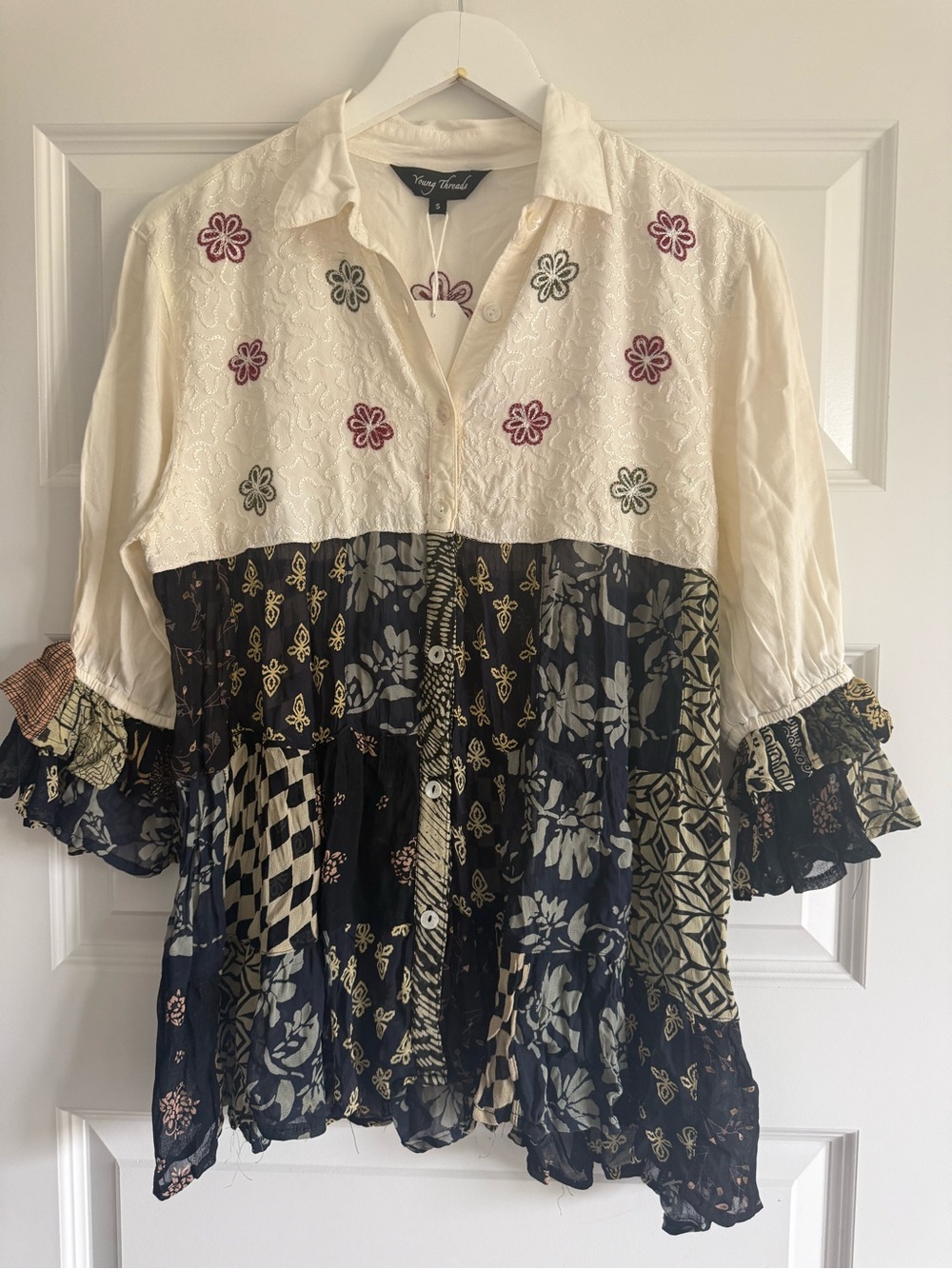 Young Threads Boho Patchwork Embroidered Ruffle Top – NWT - Picture 2 of 13